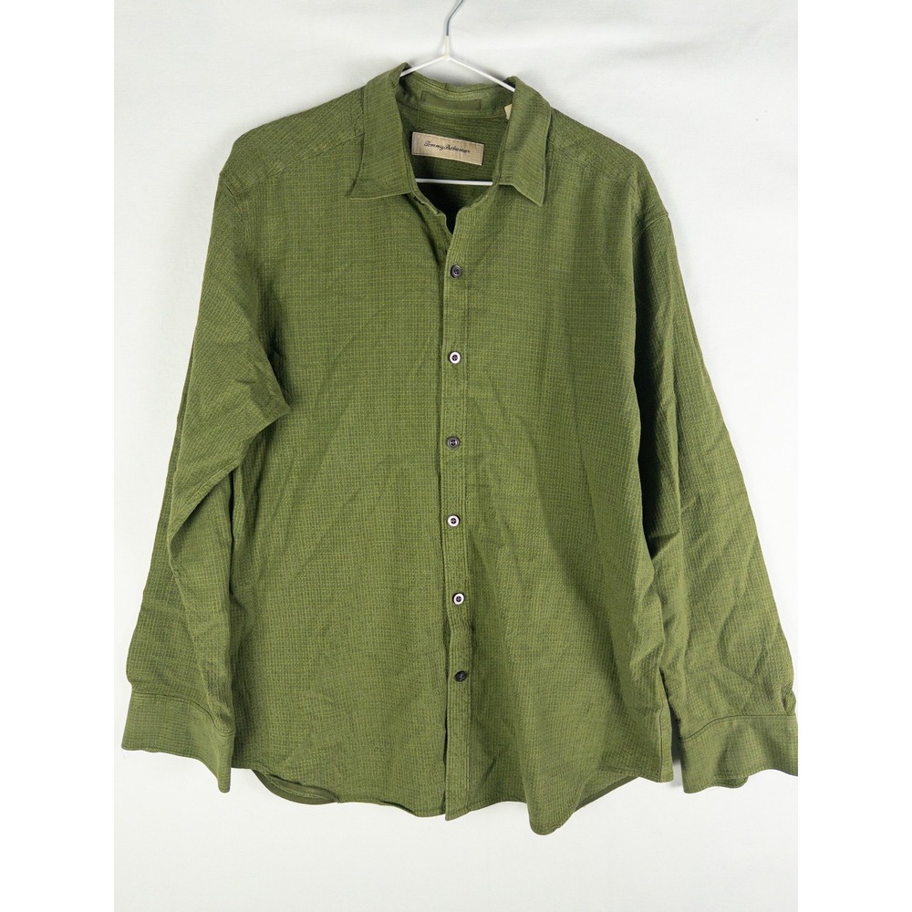 Tommy Bahama Silk Button Up Shirt Mens L Olive Green Textured Resort Coastal